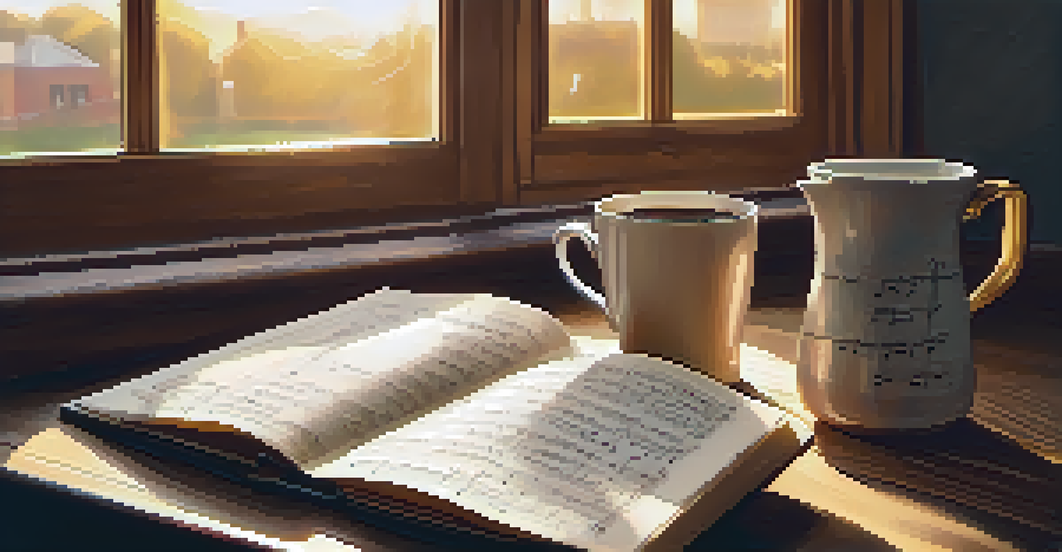 An open notebook with song lyrics and chord diagrams next to a cup of coffee, illuminated by sunlight.