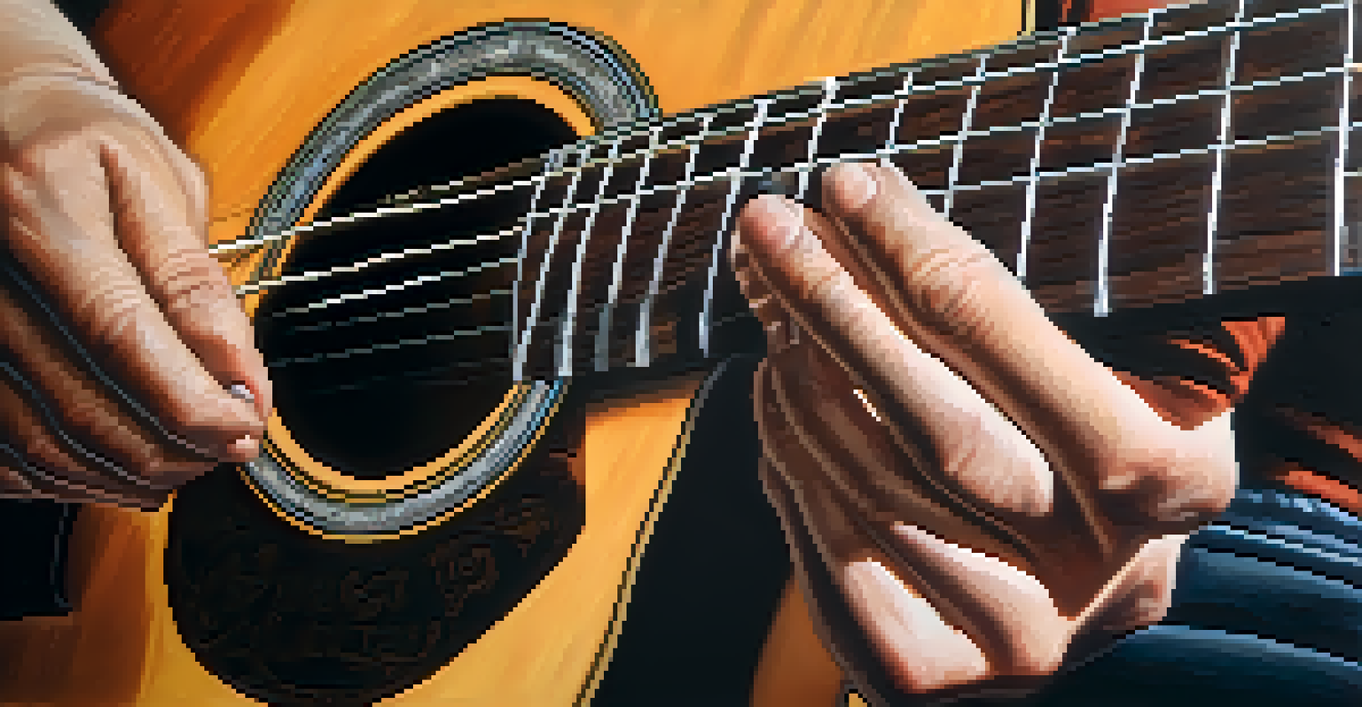 Close-up of a musician's hands playing an acoustic guitar, with sunlight illuminating the instrument and a blurred background.