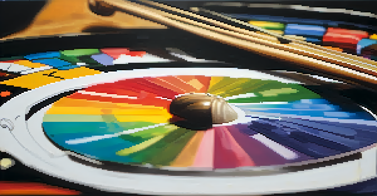 An artist's palette with colors representing the pentatonic scale, blurred music studio background.