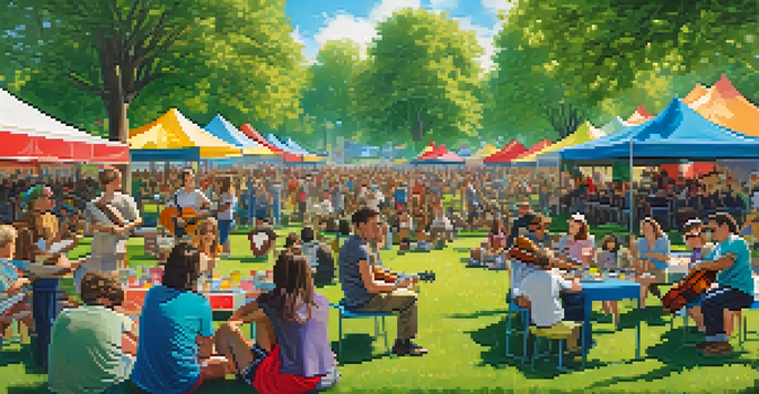 An outdoor guitar fundraiser in a sunny park with musicians on stage and an engaged audience enjoying the performance.