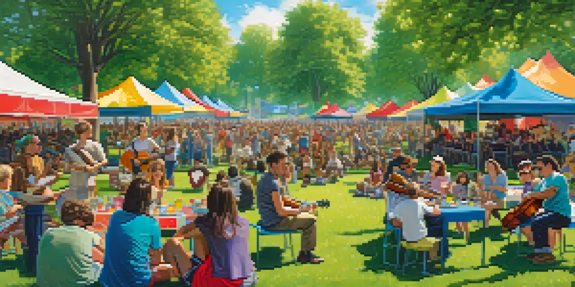 An outdoor guitar fundraiser in a sunny park with musicians on stage and an engaged audience enjoying the performance.