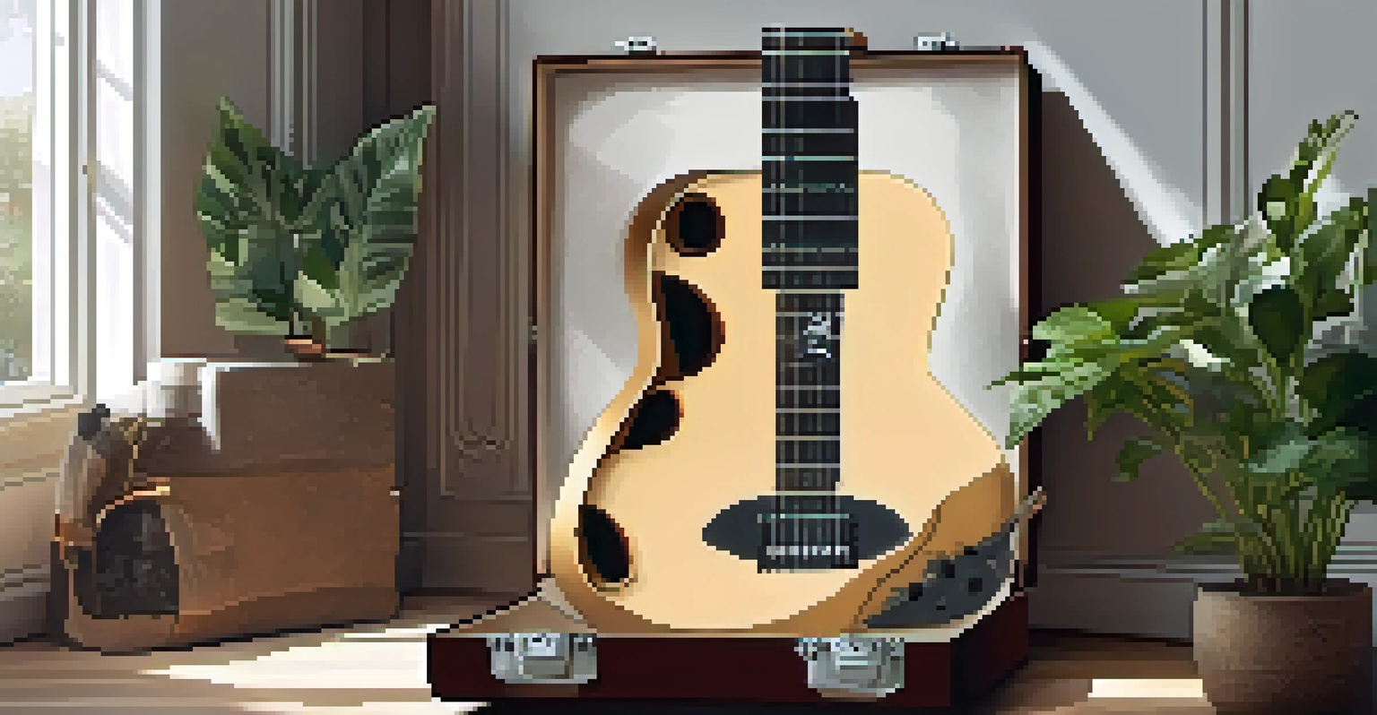 A guitar in a hard case in a cozy room with plants in the background.