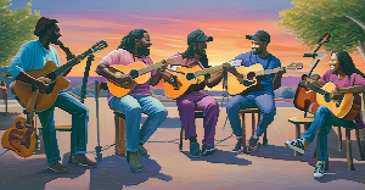 A diverse group of musicians playing guitars outdoors during a colorful sunset.