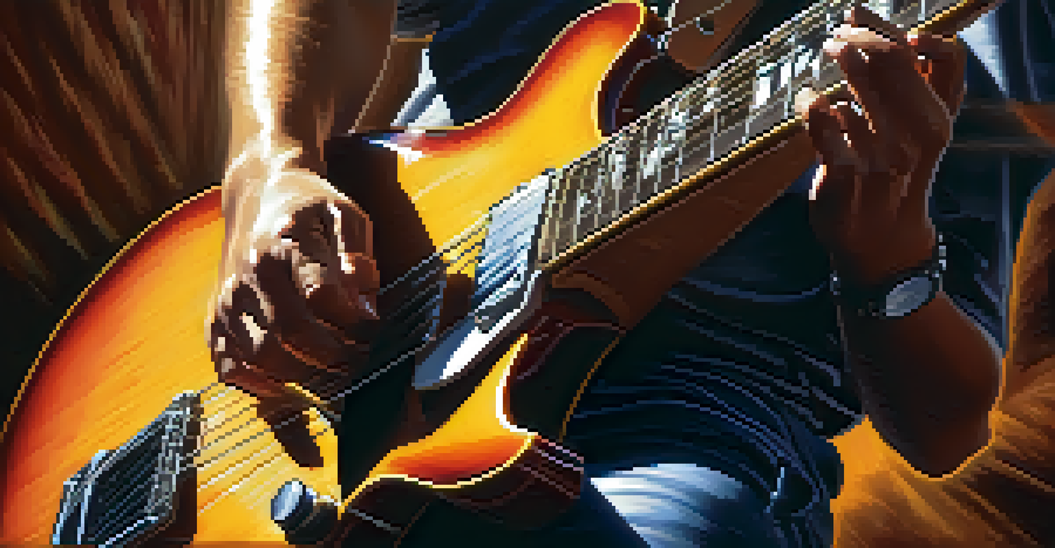 A close-up of a guitarist's hands playing a vintage electric guitar with vibrant strings.