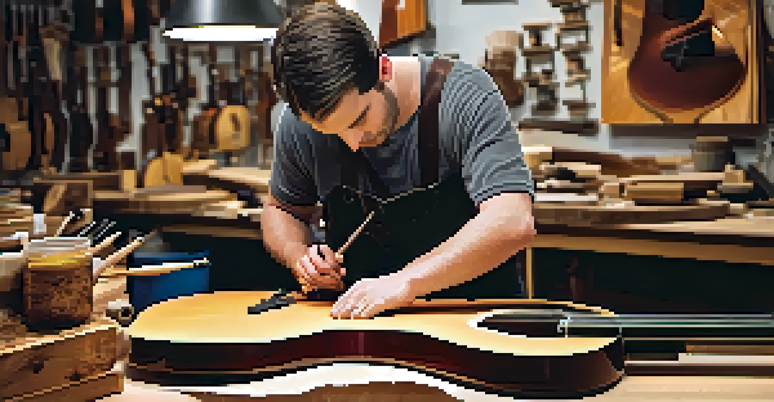 Luthier carefully applying lacquer to a guitar body in a workshop, surrounded by tools and wood shavings.