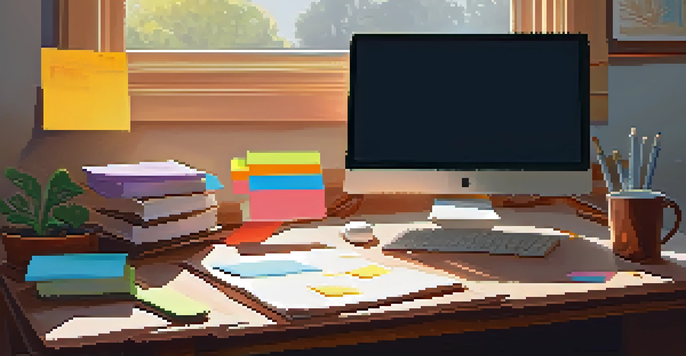 A warm and inviting home office with a wooden desk, an open laptop displaying a streaming schedule, and colorful sticky notes, illuminated by soft sunlight.