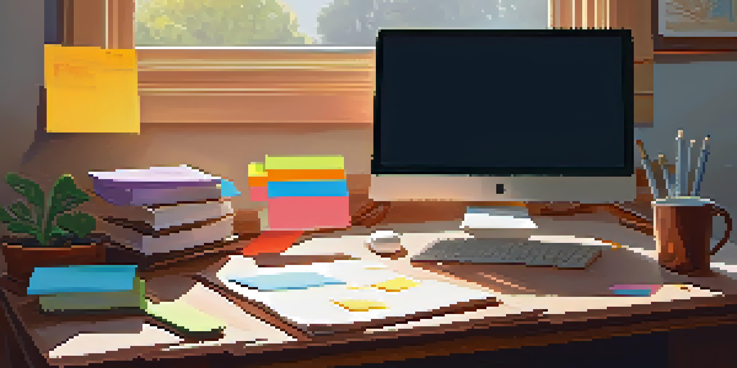 A warm and inviting home office with a wooden desk, an open laptop displaying a streaming schedule, and colorful sticky notes, illuminated by soft sunlight.