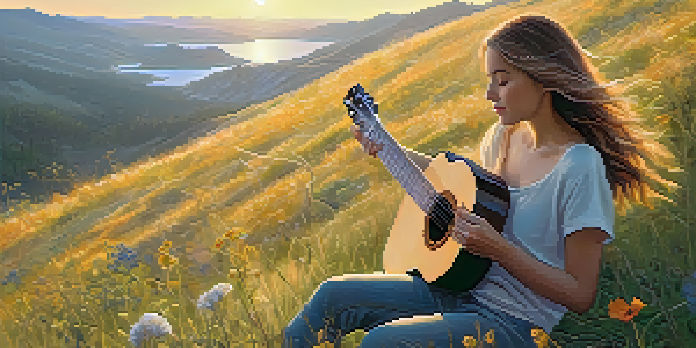 A young woman playing guitar on a grassy hill during sunset, with wildflowers and mountains in the background.