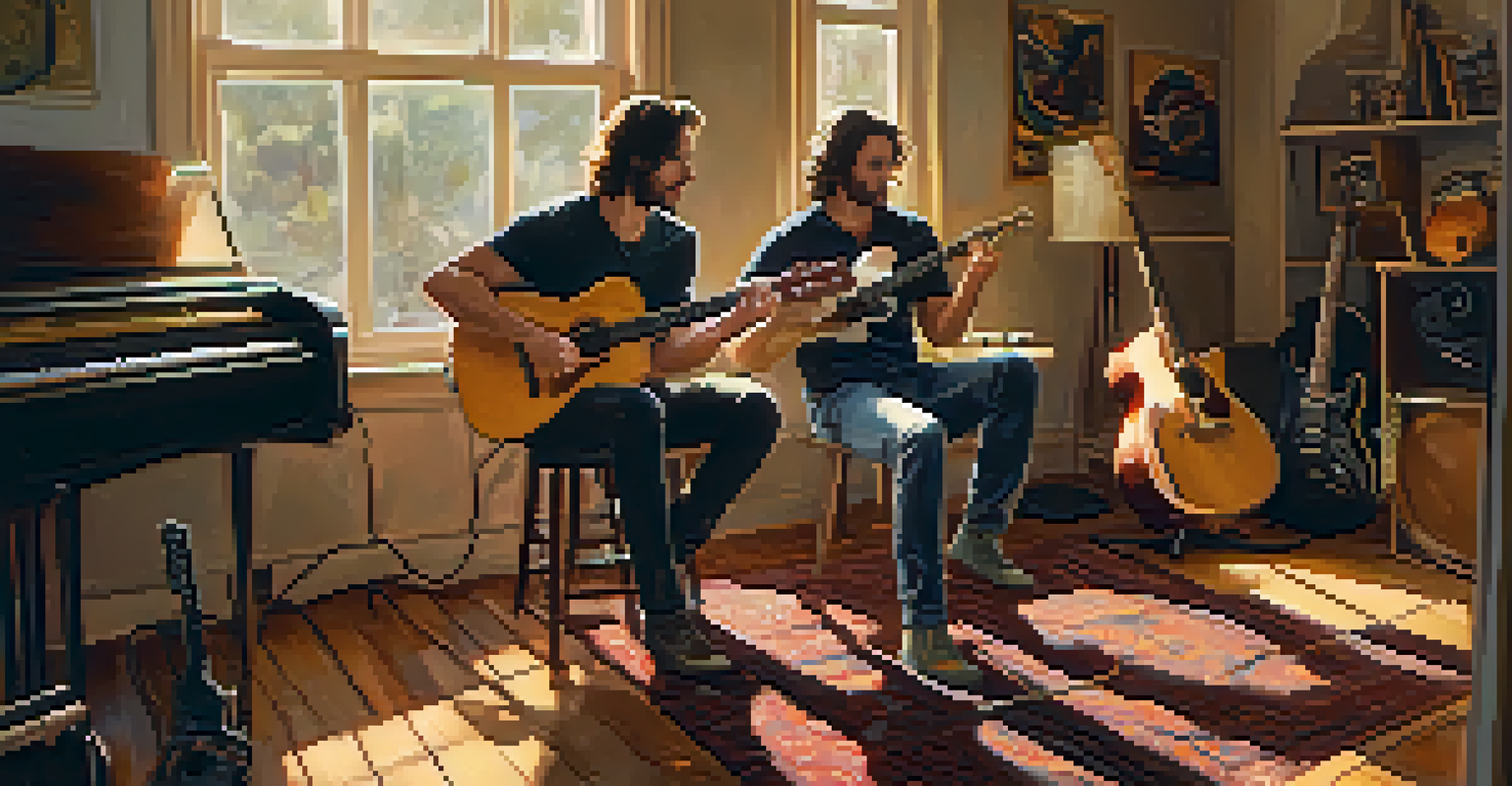 Two musicians collaborating in a cozy studio, one playing an electric guitar and the other taking notes, surrounded by instruments.