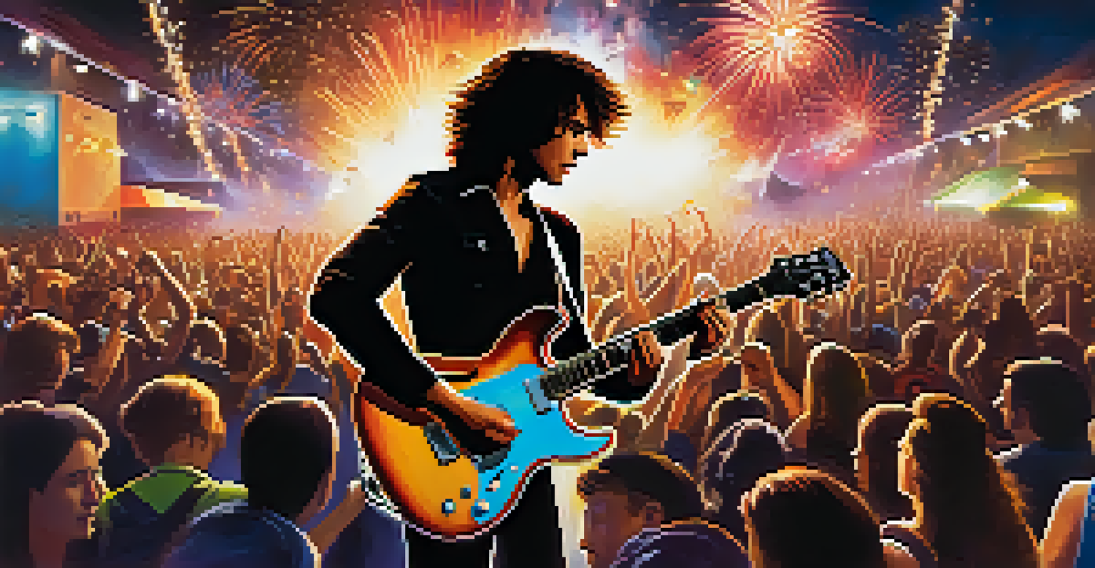 A guitarist performing a solo on an outdoor stage at a rock festival, with an energetic crowd and fireworks in the background.