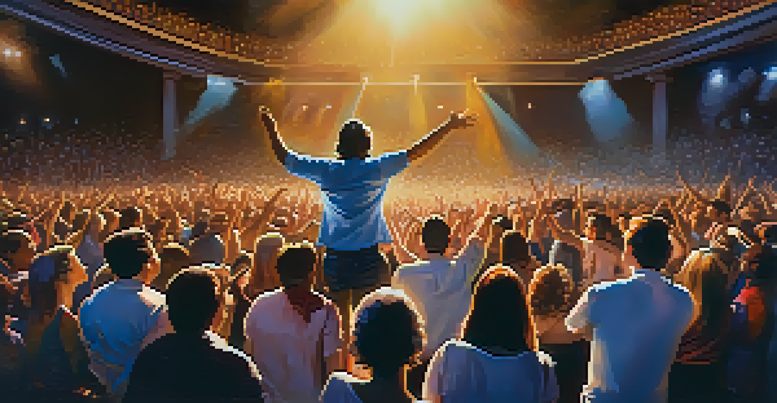 A crowd at a concert singing along to a musician on stage, with bright lights illuminating the scene.