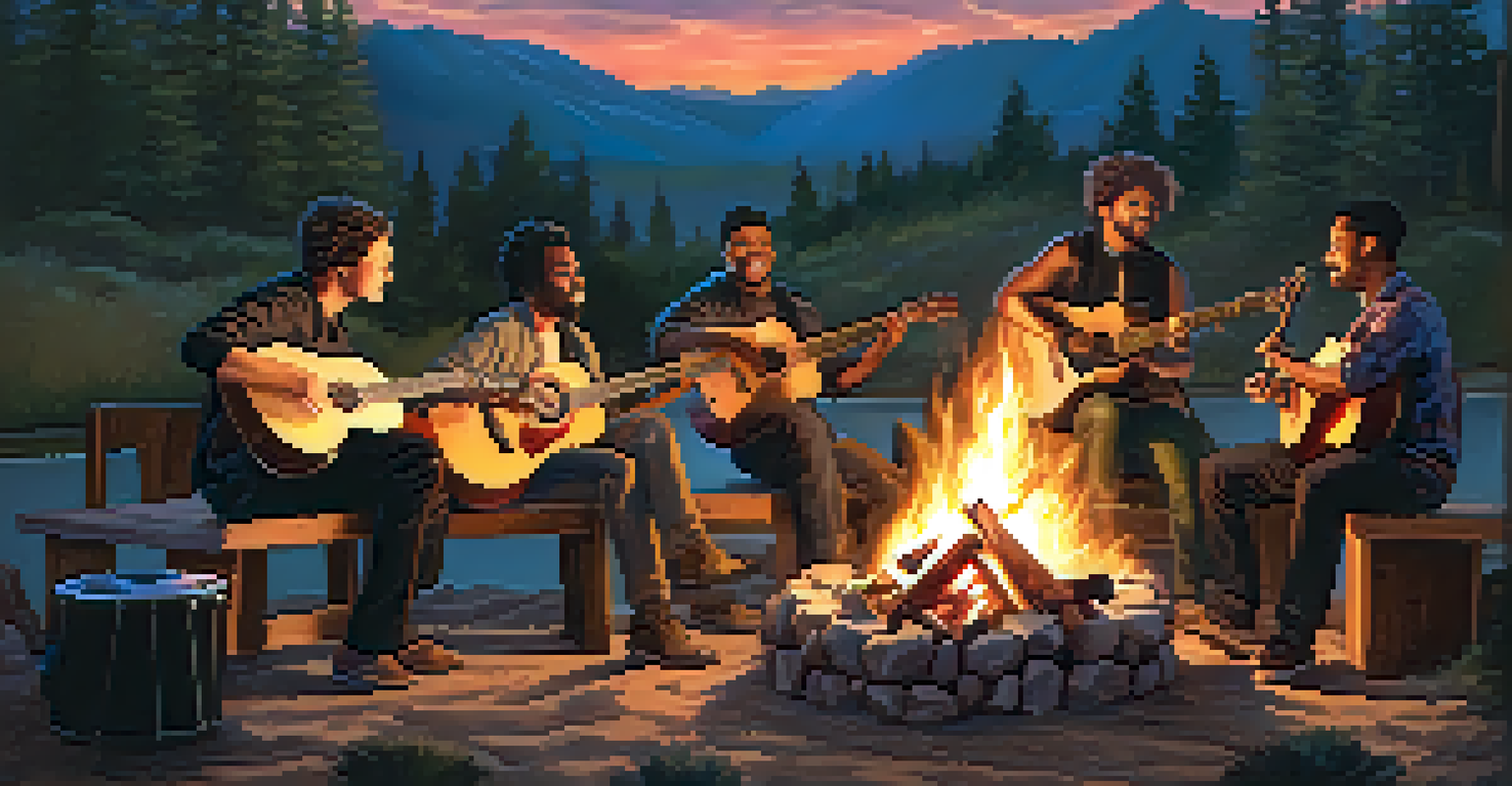 A group of diverse musicians playing guitars around a campfire at dusk, with one holding a tablature sheet.