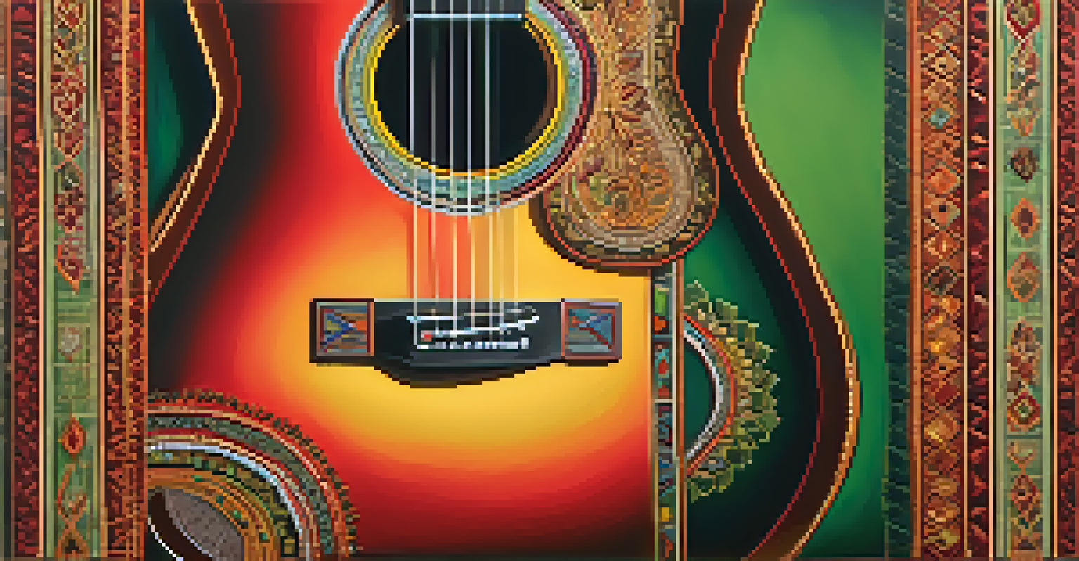Close-up of a decorated guitar on a textured fabric, featuring Indian motifs, with soft lighting highlighting the details.