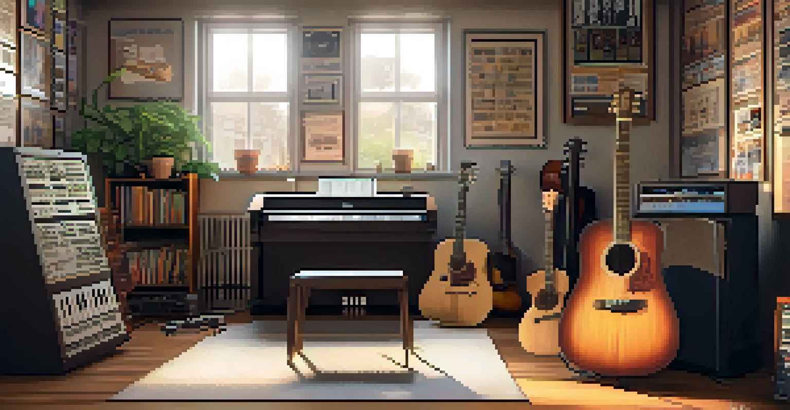 A cozy practice room with an acoustic guitar, mixing console, and laptop displaying EQ software, illuminated by natural light.