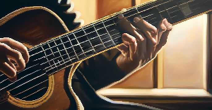 Close-up of a musician's hands with short fingers playing a guitar in a warm, dimly lit room.