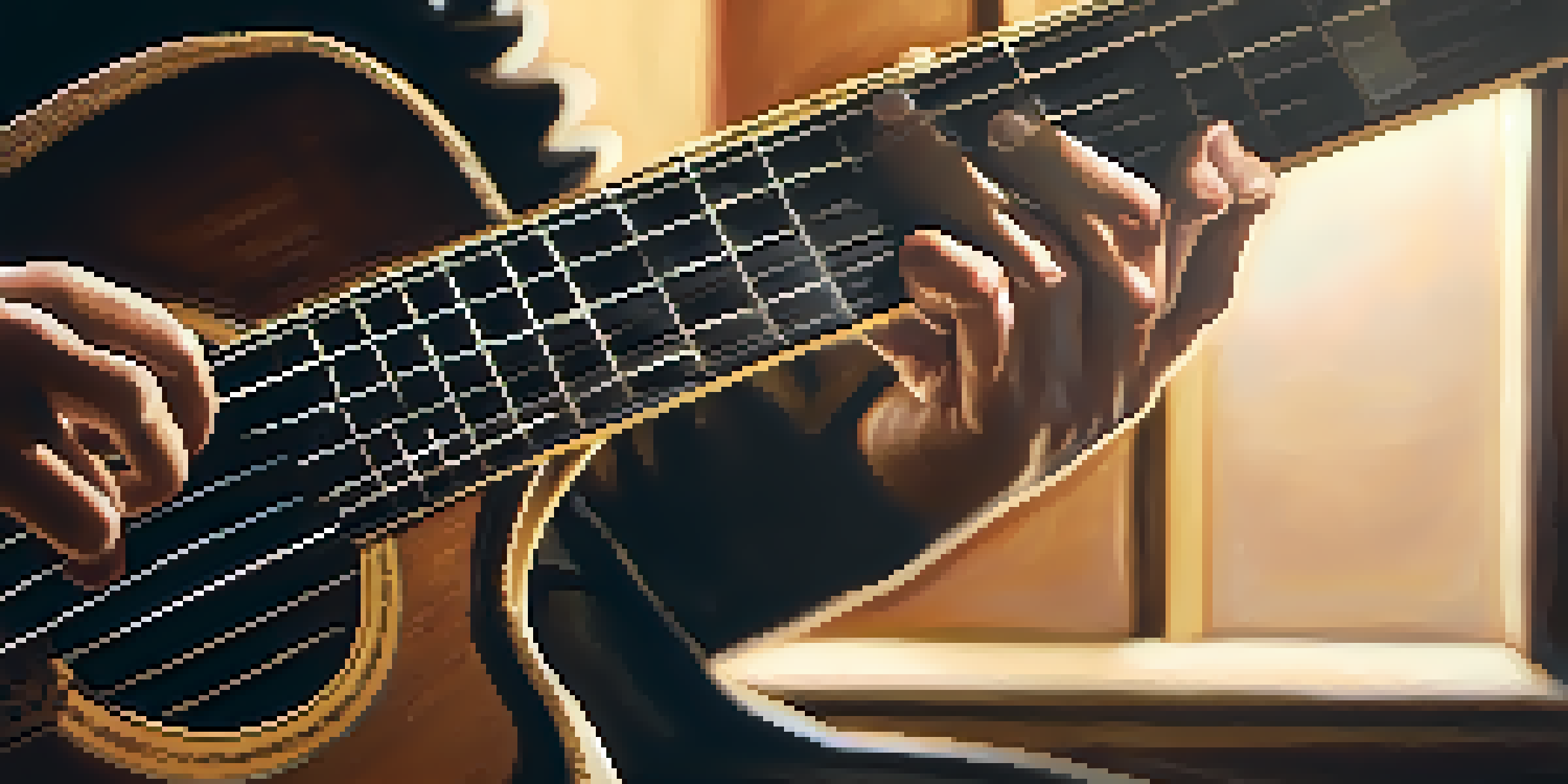 Close-up of a musician's hands with short fingers playing a guitar in a warm, dimly lit room.