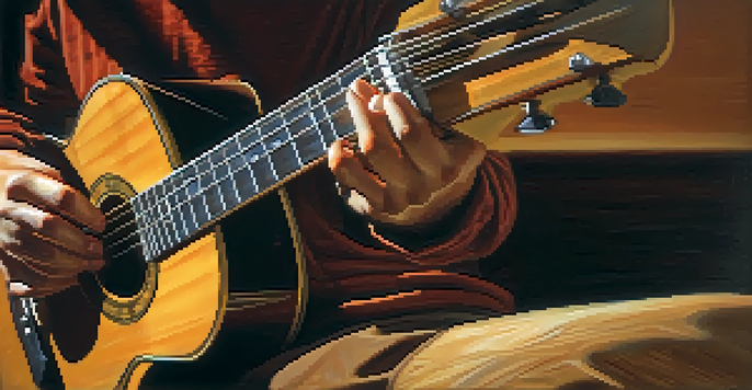 A guitarist's hands fingerpicking a classical guitar with warm lighting highlighting the wood grain.