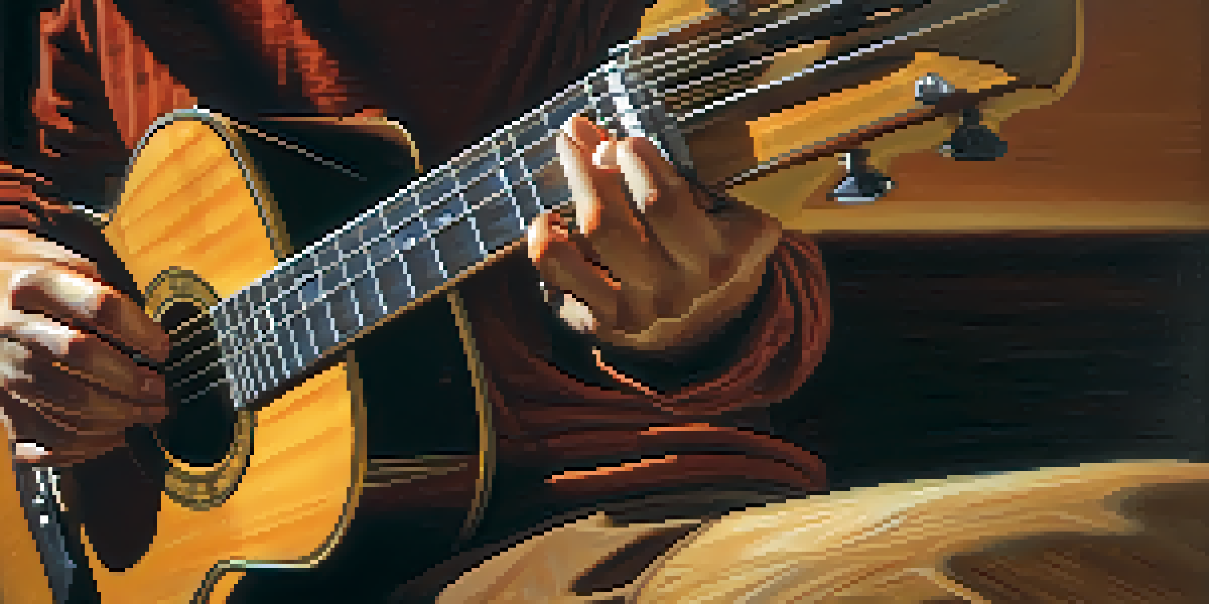 A guitarist's hands fingerpicking a classical guitar with warm lighting highlighting the wood grain.