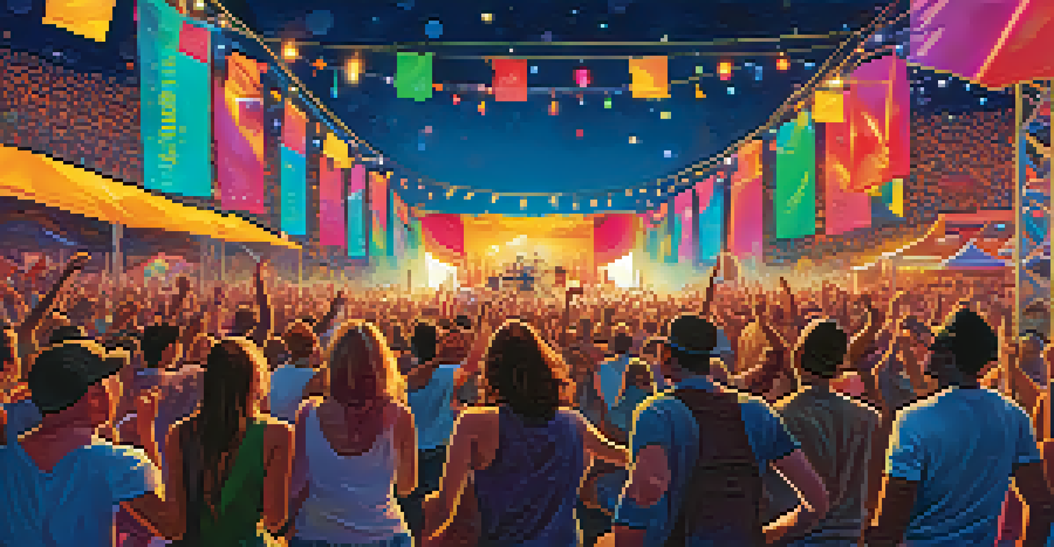 A vibrant outdoor music festival with a crowd enjoying live performances under a bright blue sky.