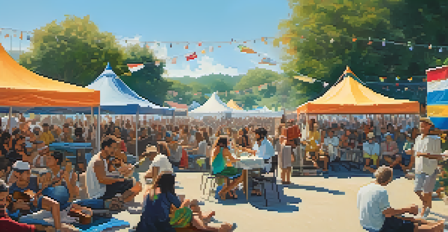 A vibrant outdoor music festival with a crowd enjoying live performances and colorful tents.