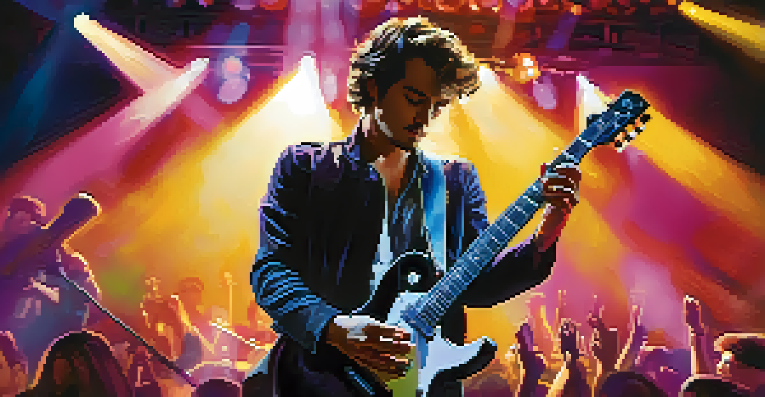 A musician on stage with a clip-on digital tuner on their guitar, surrounded by vibrant stage lights and an enthusiastic audience.