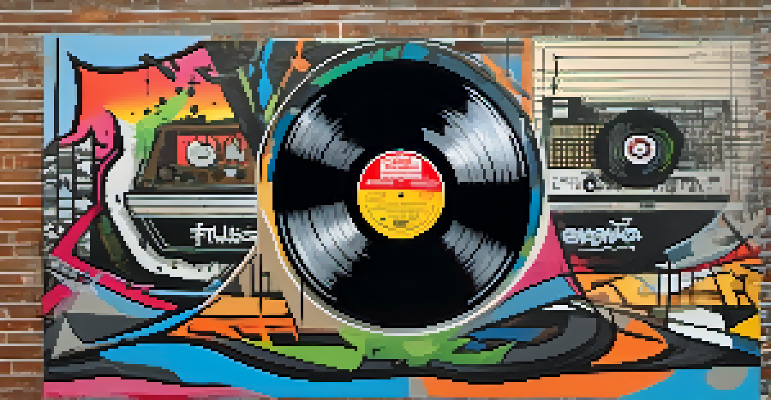 A split vinyl record featuring rock and hip-hop imagery, set against a colorful textured background representing the fusion of genres.
