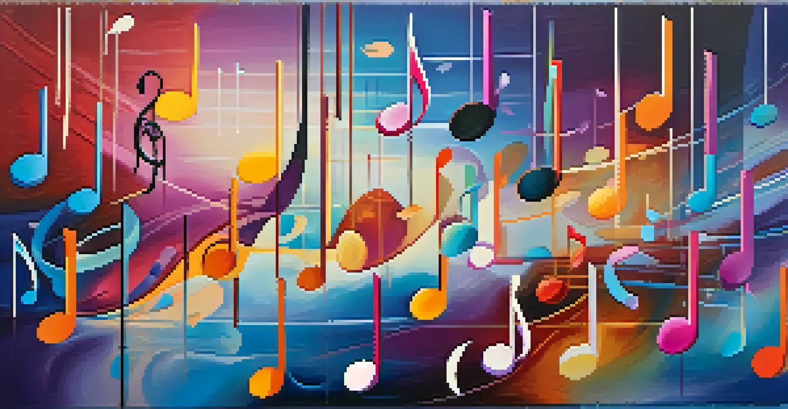An abstract illustration of musical notes and intervals in vibrant colors, set against a soft gradient background.