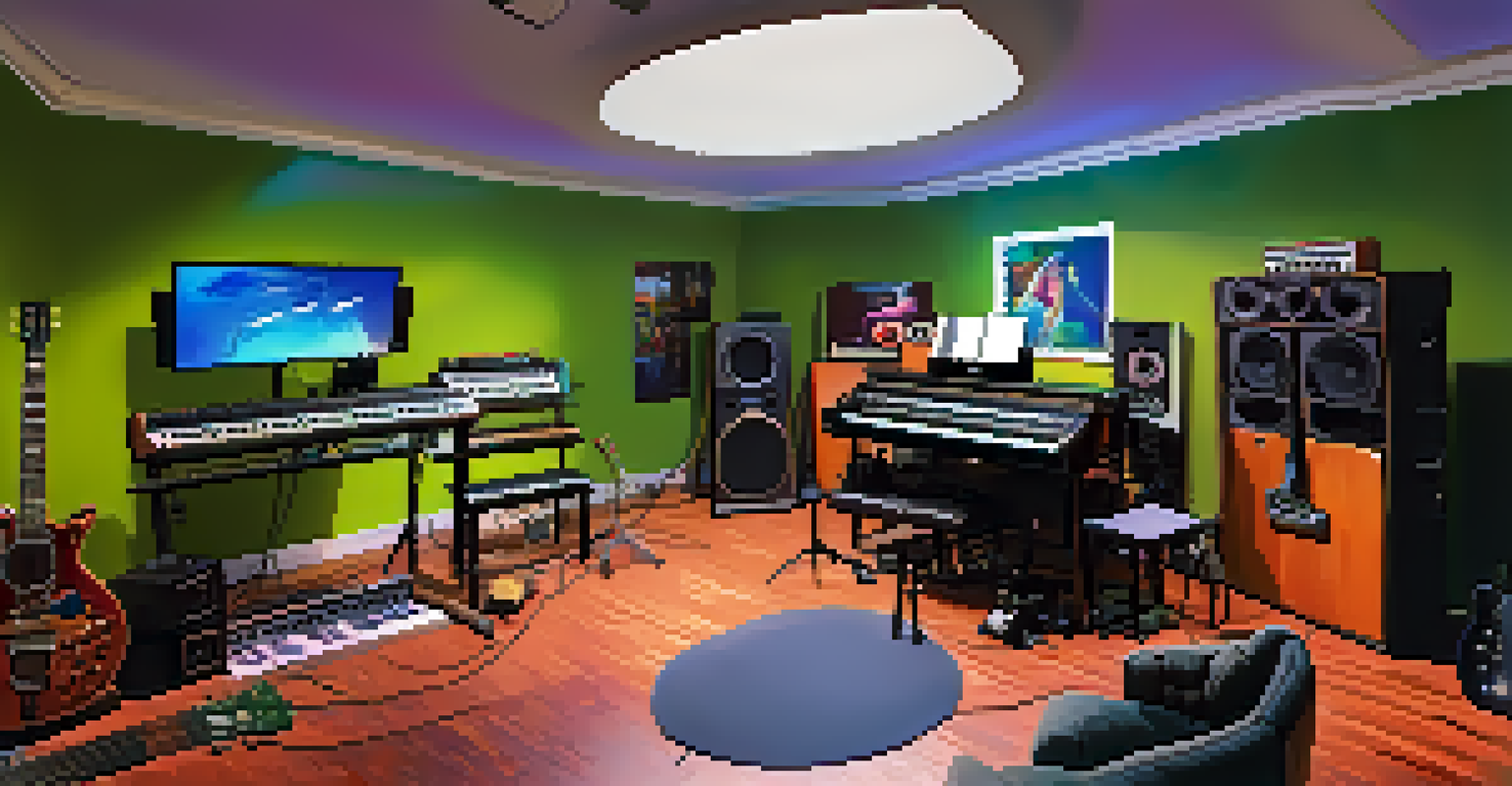 An indoor music studio with various instruments and colorful LED lights, featuring a guitarist recording music.