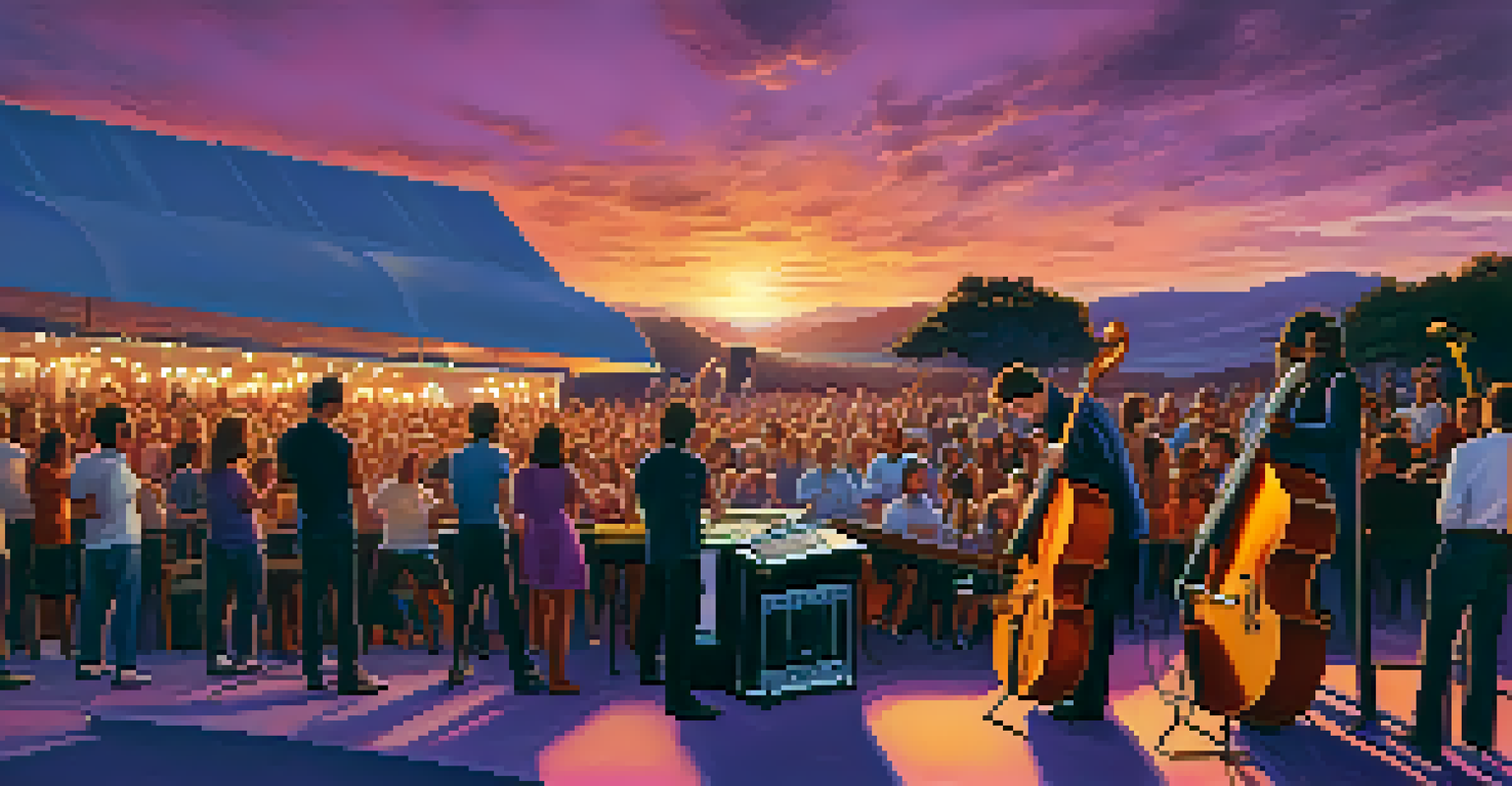 A band performing on stage at sunset with an audience enjoying the music.