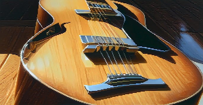 A close-up of an acoustic guitar resting on a wooden table in a warmly lit room, with sunlight highlighting its wood grain.