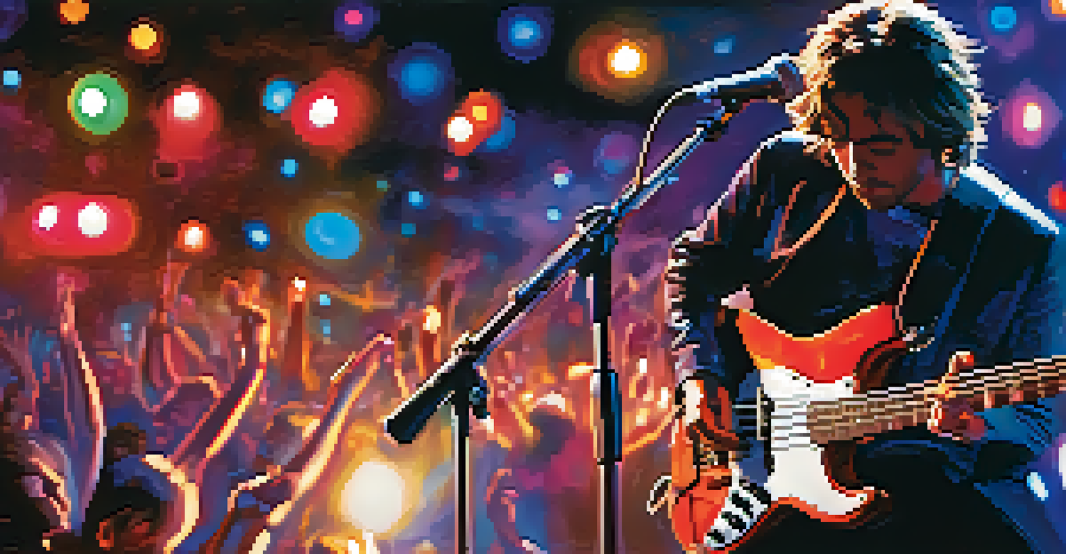 A bassist performing energetically on stage, with colorful lights and musical notes surrounding them.
