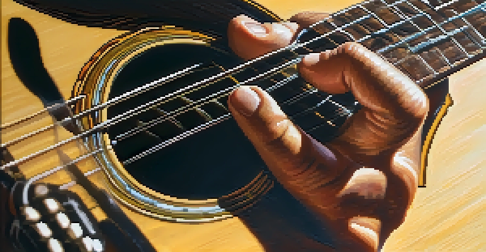 A close-up view of a guitarist's hands forming a barre chord on an acoustic guitar's fretboard.