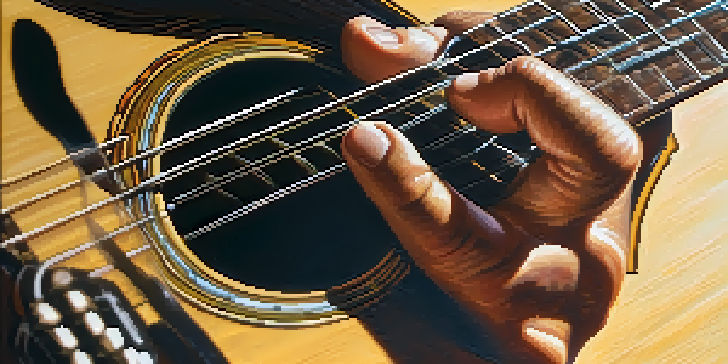 A close-up view of a guitarist's hands forming a barre chord on an acoustic guitar's fretboard.