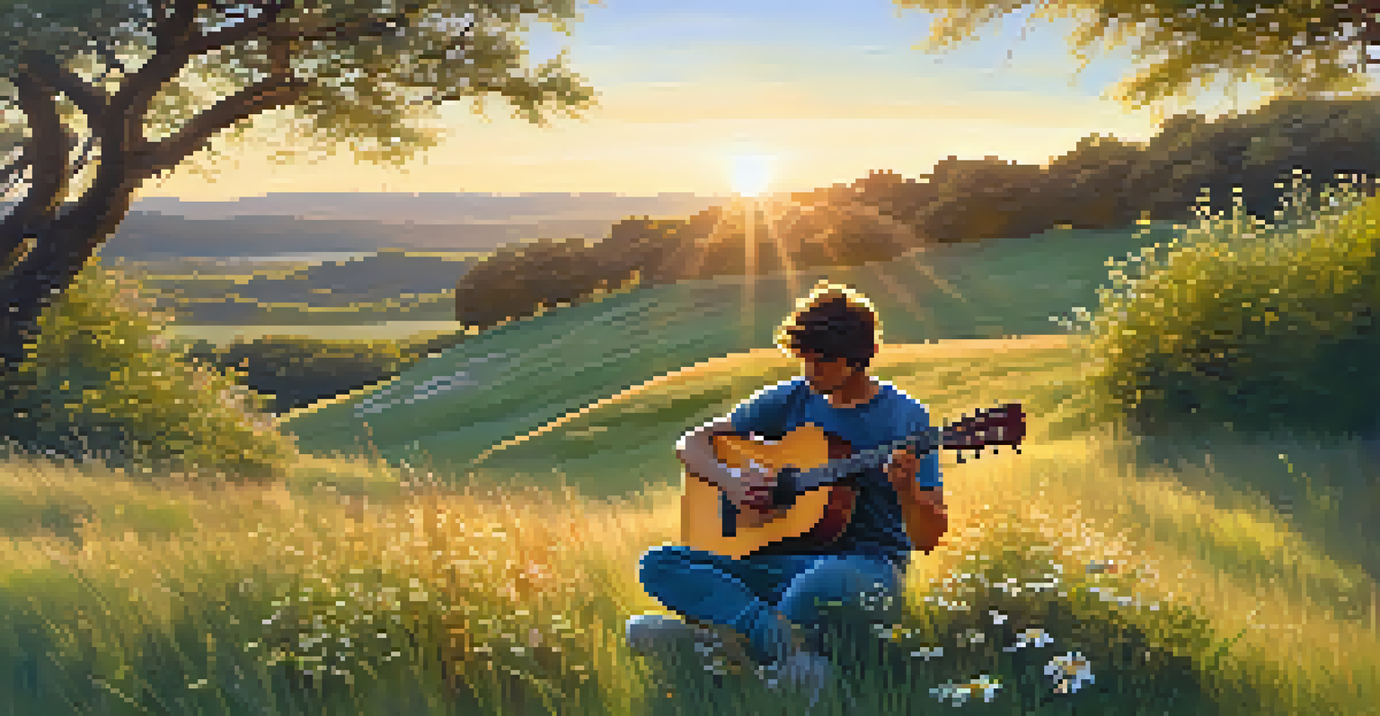A musician playing an acoustic guitar on a grassy hill during sunset.