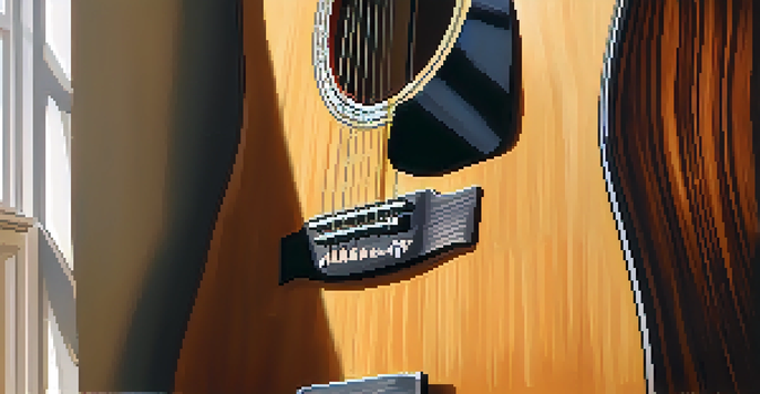 A close-up of a guitar leaning against a wooden chair in a sunlit room, showcasing its wood grain and polished finish.
