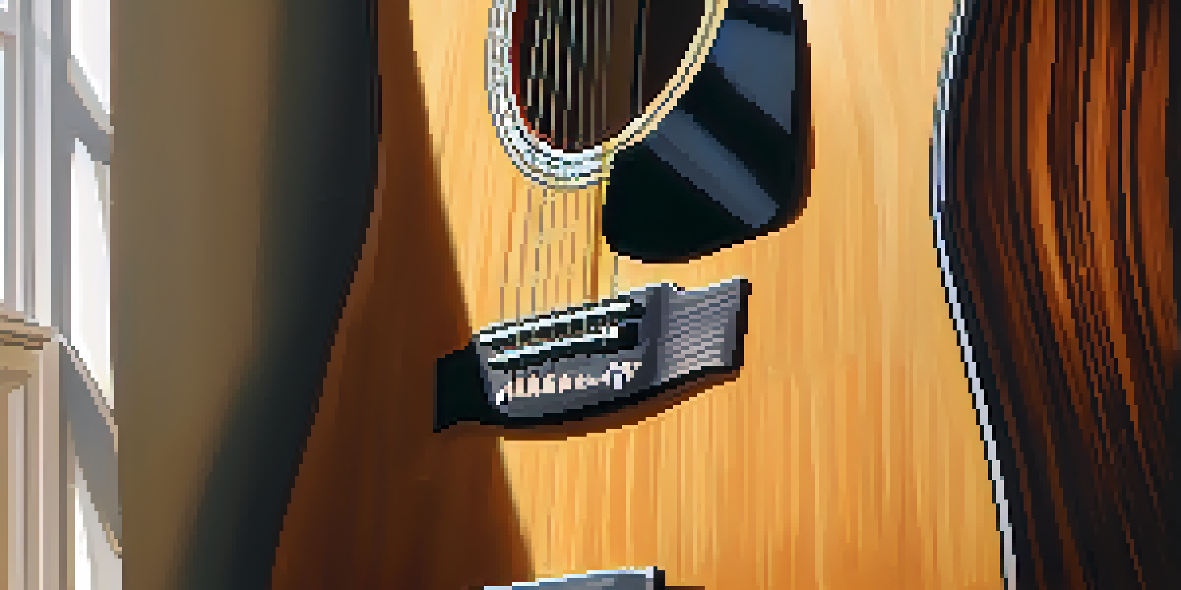 A close-up of a guitar leaning against a wooden chair in a sunlit room, showcasing its wood grain and polished finish.