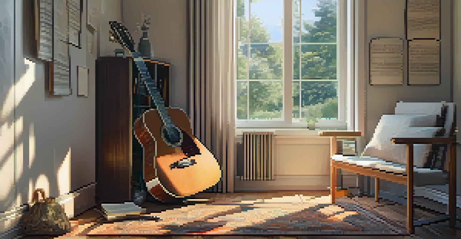 A guitar on a stand surrounded by music sheets on a cozy rug, illuminated by natural light.
