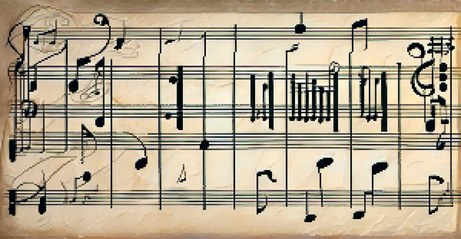An artistic illustration of fingerpicking patterns on a musical staff, with a textured parchment background and soft pastel colors.