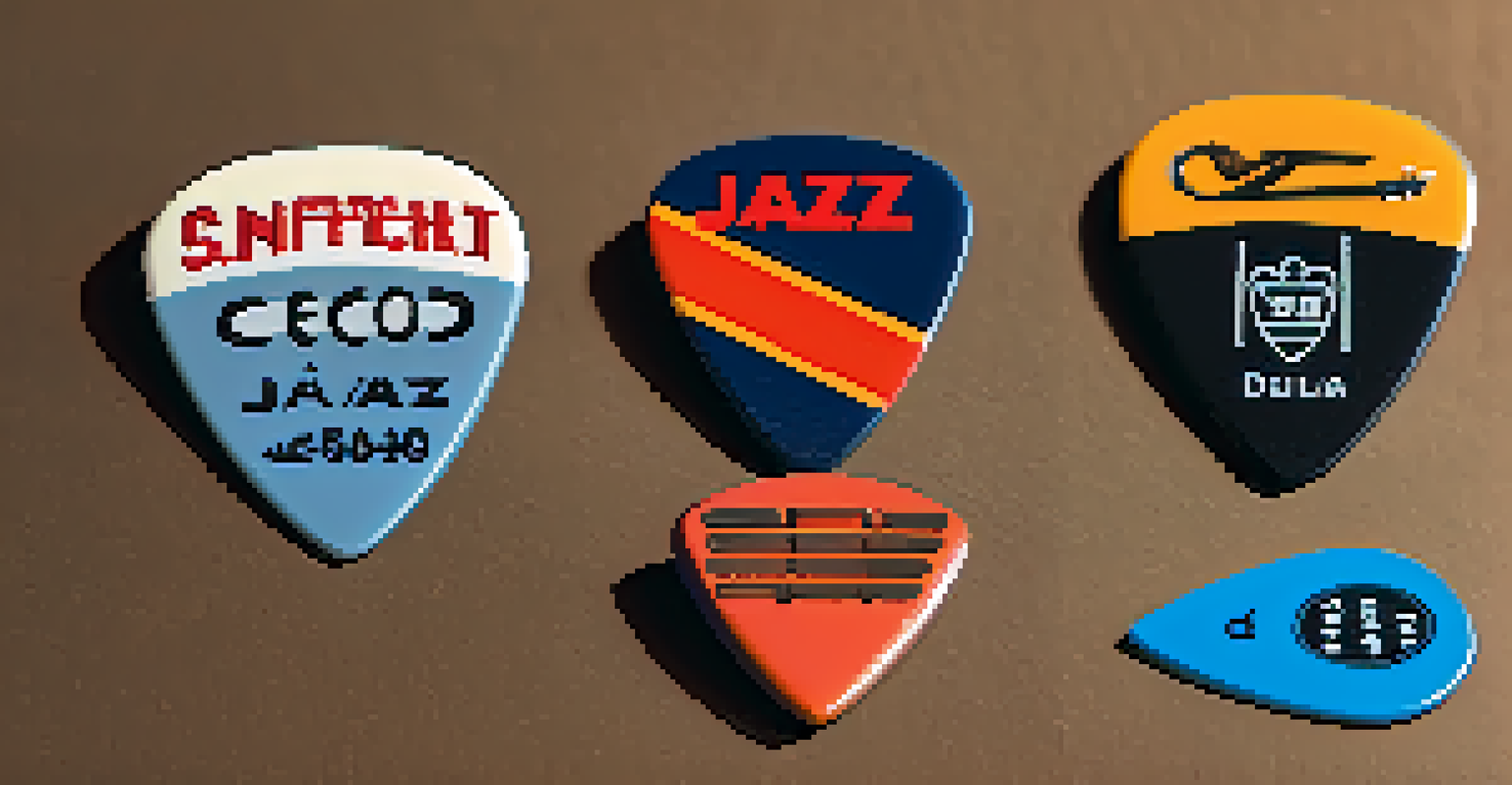 A comparison of various guitar picks, including standard, jazz, and thumb picks, displayed on a contrasting background to highlight their shapes and thicknesses.