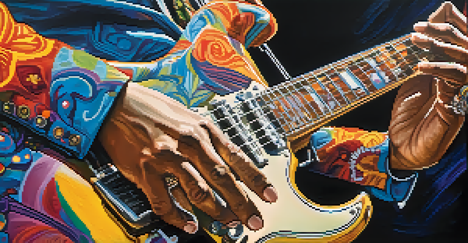Close-up of Jimi Hendrix's hands playing guitar with colorful abstract patterns in the background, showcasing his passionate performance.