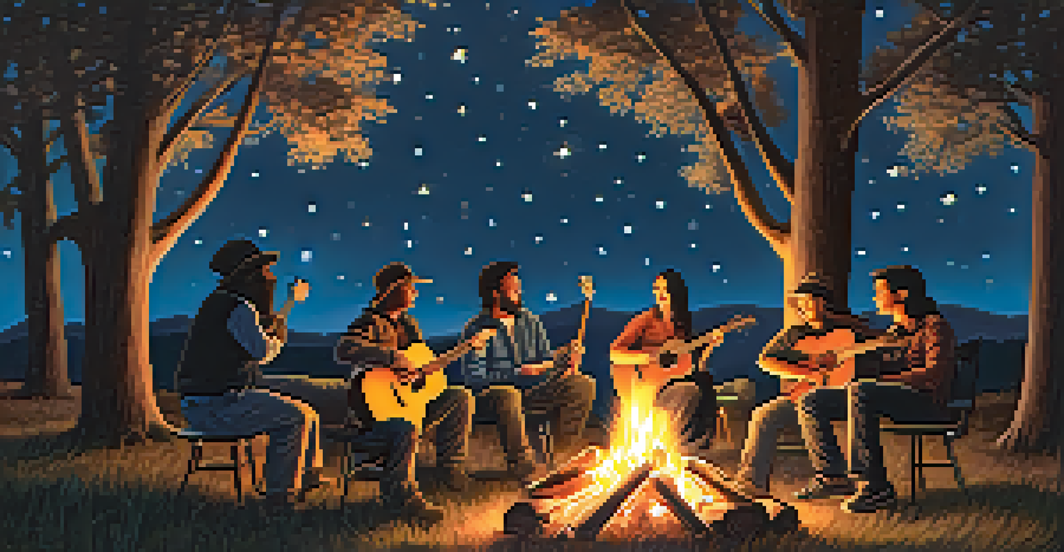 A group of friends gathered around a campfire, playing guitars and enjoying music under a starry sky.