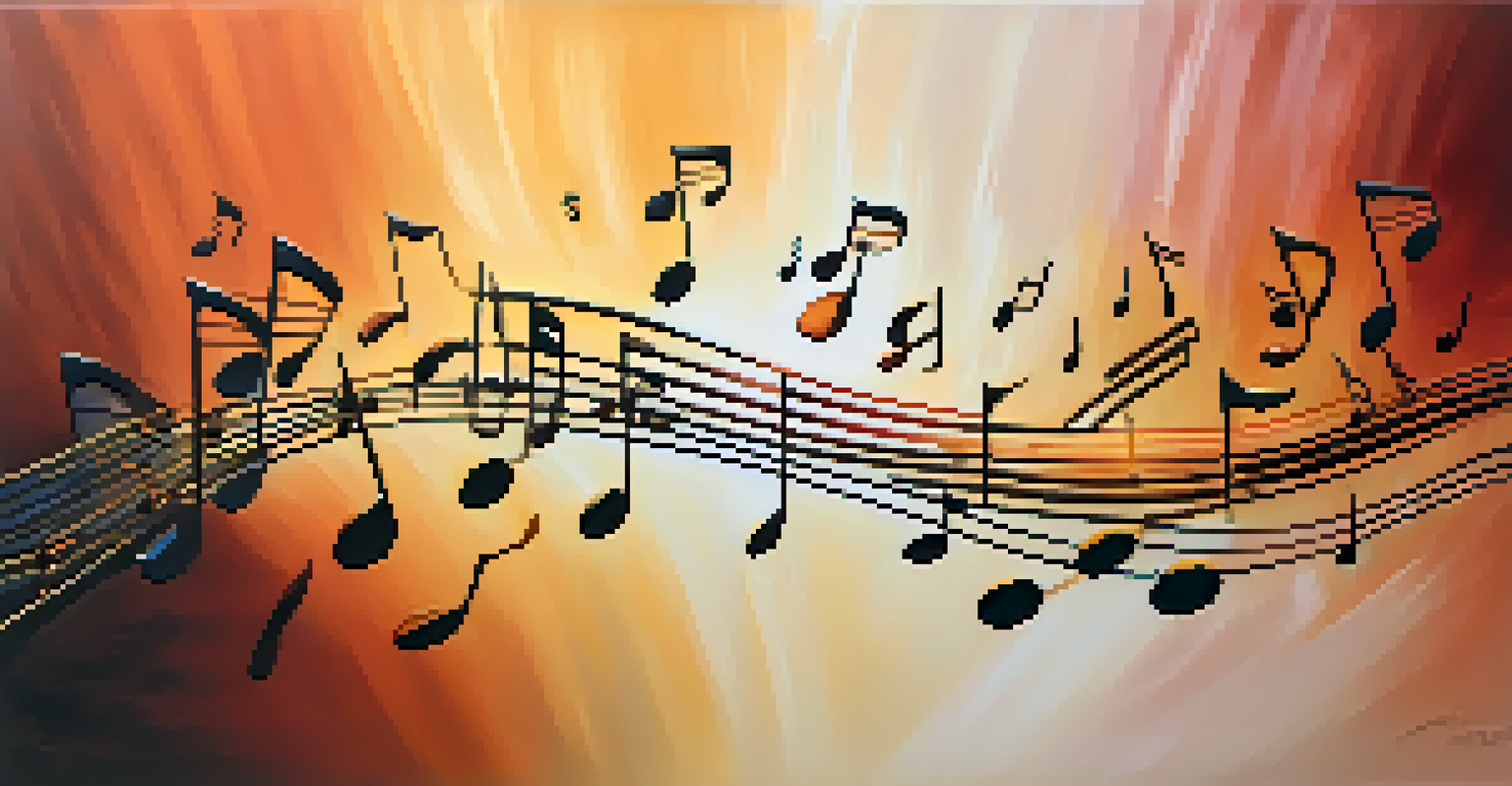 Musical notes flowing from an open guitar against a warm gradient background, symbolizing creativity and emotional melodies.
