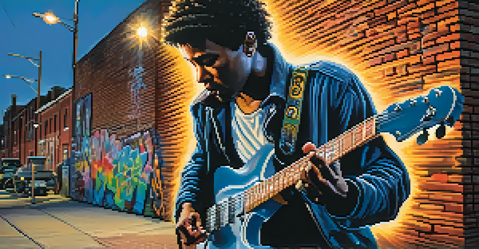 An electric guitarist playing on a city street at dusk, with colorful graffiti in the background and streetlights glowing.