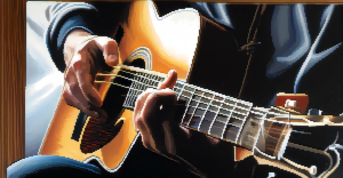 A guitarist's hands playing chords on an acoustic guitar, showcasing finger placement and the wood texture of the instrument.