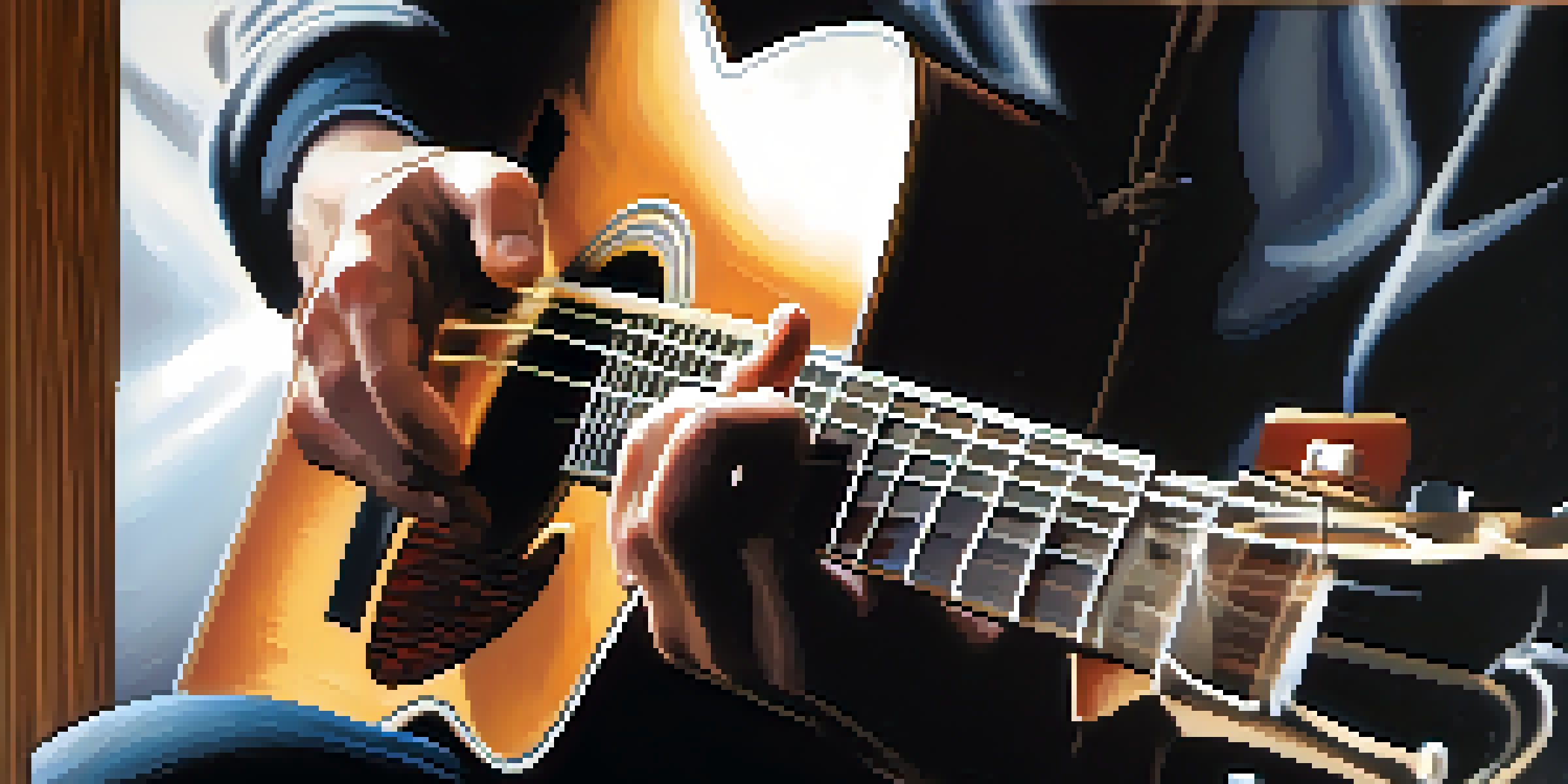 A guitarist's hands playing chords on an acoustic guitar, showcasing finger placement and the wood texture of the instrument.
