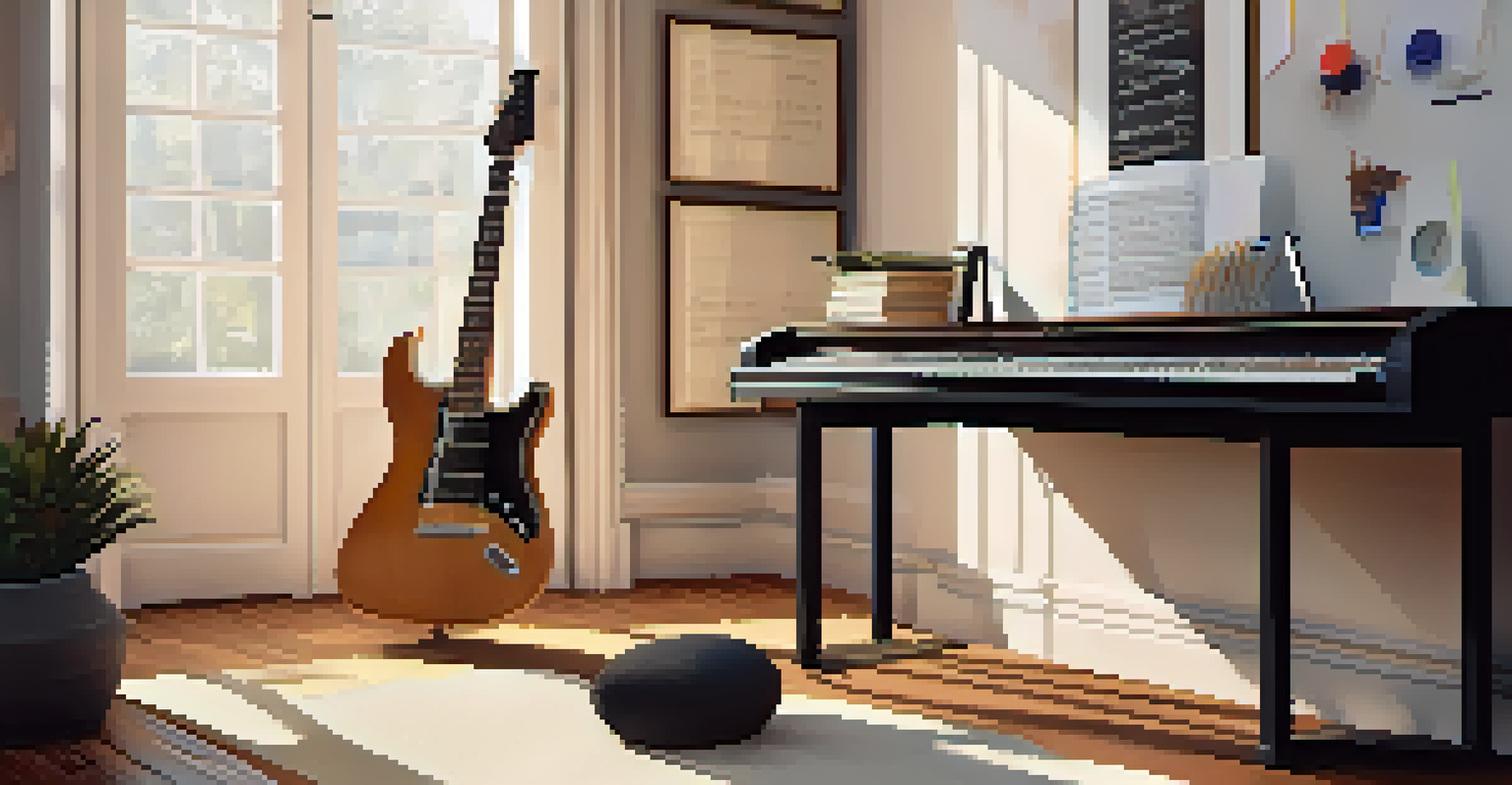 A practice space featuring a metronome, a notebook with music notes, and an electric guitar, all bathed in soft sunlight.