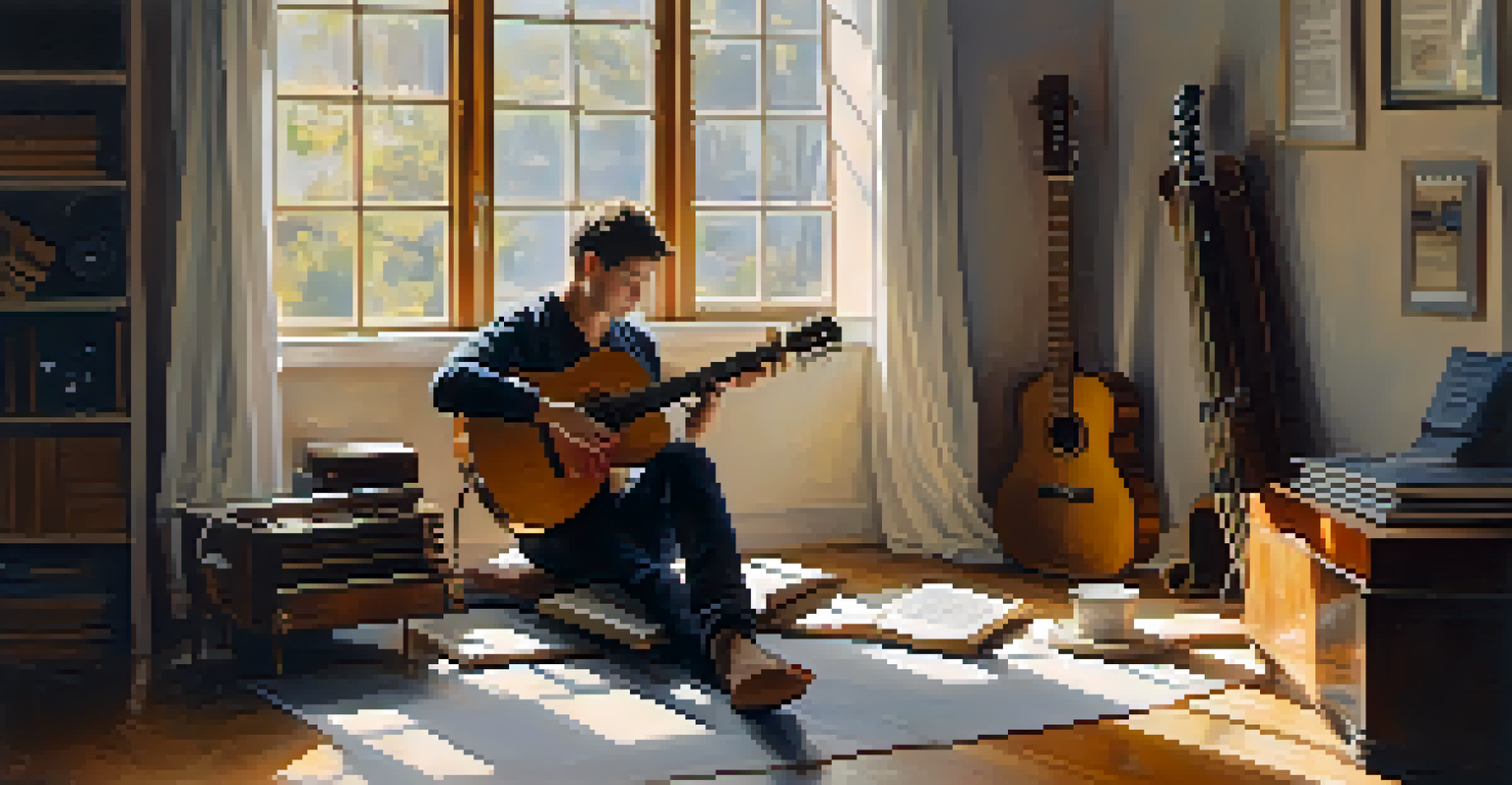 A guitarist practicing in a peaceful room, surrounded by music sheets and instruments, with soft light coming through a window.
