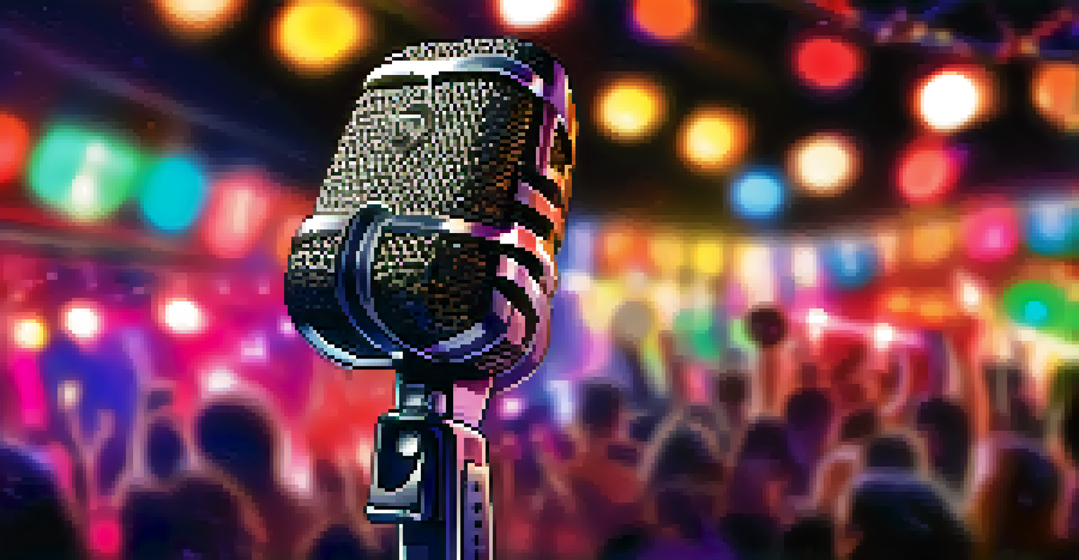 A close-up of a dynamic microphone on a stand with a blurred stage background filled with lights.