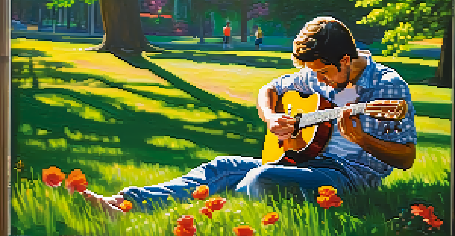 A musician playing an acoustic guitar outdoors in a sunny park, surrounded by green grass and colorful flowers, with sunlight creating playful shadows.