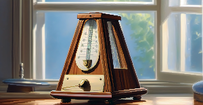 A classic wooden metronome on a polished wooden surface with sunlight casting shadows, showing the pendulum in motion.